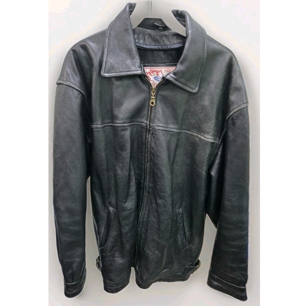 Baron Leather Fashion Vintage Black Leather Bomber Jacket XL Full Zip Buckle Hem